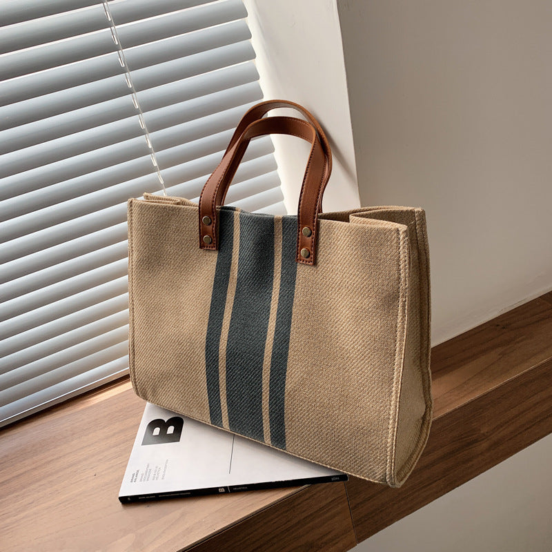 Korean style new women's portable briefcase professional commuting striped simple shoulder large bag large capacity canvas bag