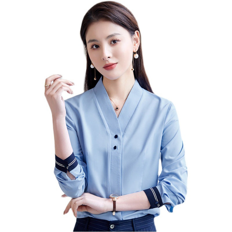 白衬衫女长袖V领打底衫2023新款正装工装工作服大码职业衬衣女ol