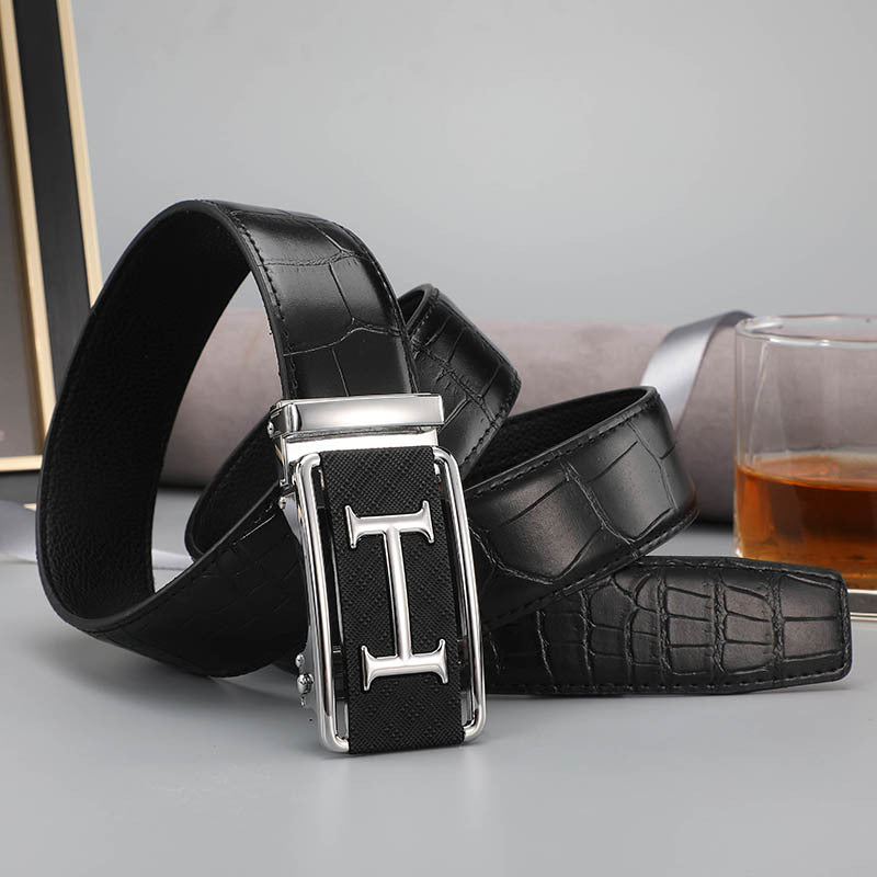 Belt men's genuine leather automatic buckle crocodile pattern business leisure belt men's young and middle-aged trendy trousers spot wholesale
