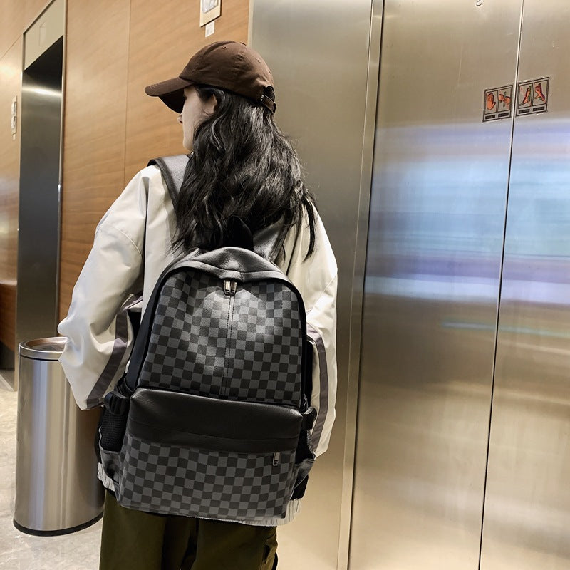 双肩包男潮牌欧美时尚格子旅行背包潮流百搭皮质男生书包电脑包女