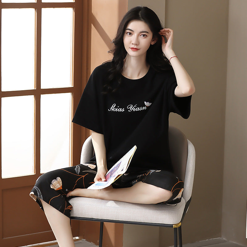 Pajamas women's summer short-sleeved cropped pants dignified and comfortable cotton large size pajamas pullover mother can wear home clothes