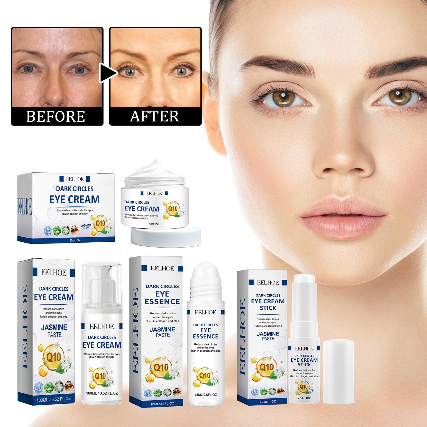 EELHOE Collagen Anti-Wrinkle Eye Cream Series fades wrinkles and dark circles around the eyes, moisturizes and tightens eye skin