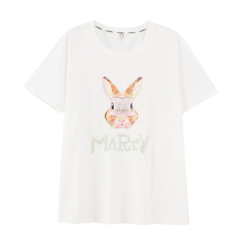 2023 summer plus-size women's clothing fat mm casual cartoon ironing drill lazy wind round neck short-sleeved cotton T-shirt top 18087