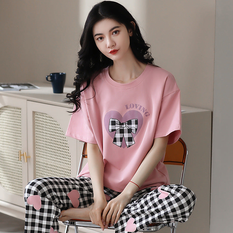 New 2023 summer pajamas women's pure cotton short-sleeved breathable sweet women's leisure can be worn outside home service suit thin