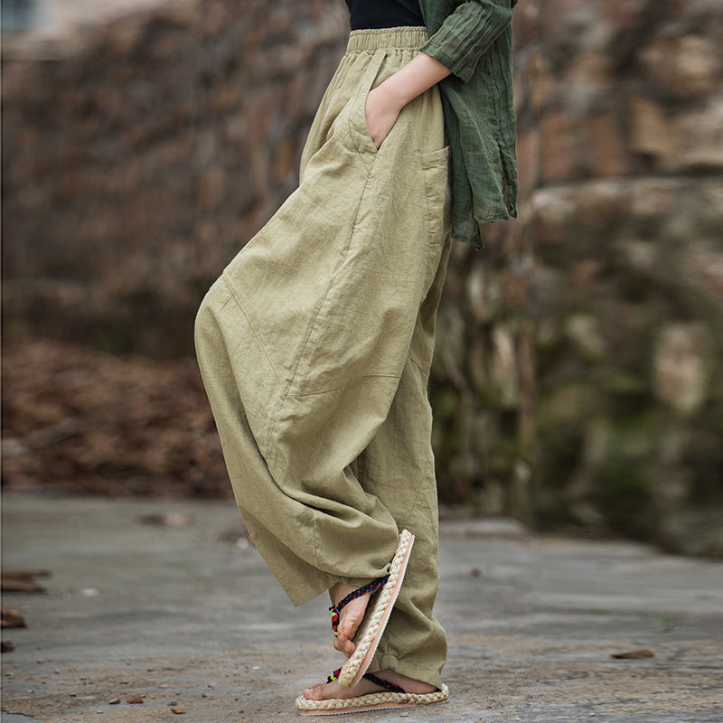 Stir-fried ramie sand to make old hanging loose bloomers 23 summer cotton and linen women's new product meditation meditation Tai Chi pants trousers