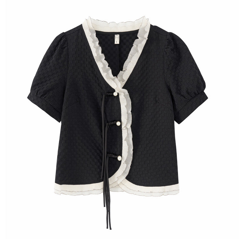 Large size women's fat mm new Chinese style retro buckle shirt 2023 summer new temperament commuter v-neck top 18235