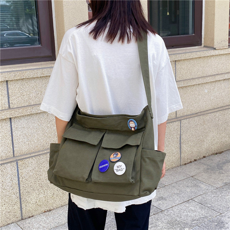 2023 new literary girl shoulder bag ins versatile large capacity canvas bag student class crossbody messenger bag