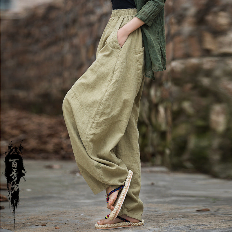Stir-fried ramie sand to make old hanging loose bloomers 23 summer cotton and linen women's new product meditation meditation Tai Chi pants trousers