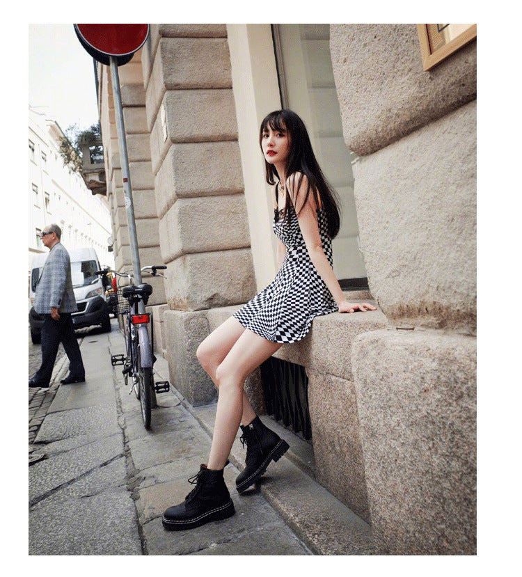 大幂幂同款真皮马丁靴女2023新款厚底系带休闲女靴欧美炫酷机车靴