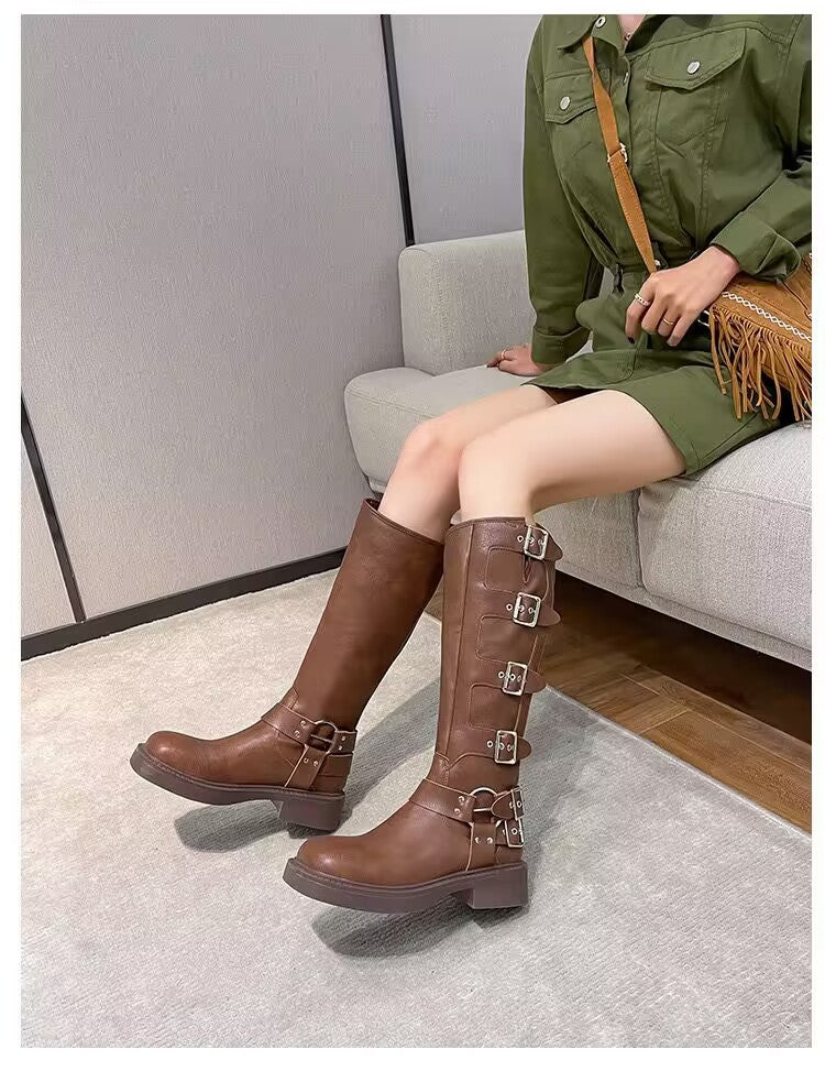 Axigo miu's leather thick-heeled Martin boots women's western cowboy boots women's retro tall belt buckle knight boots