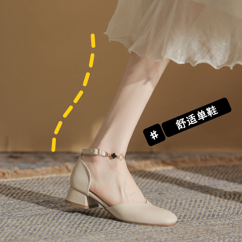 Women's 2024 summer new style all-match fairy style pearl French style mid-heel thick-heeled Mary Jane shoes