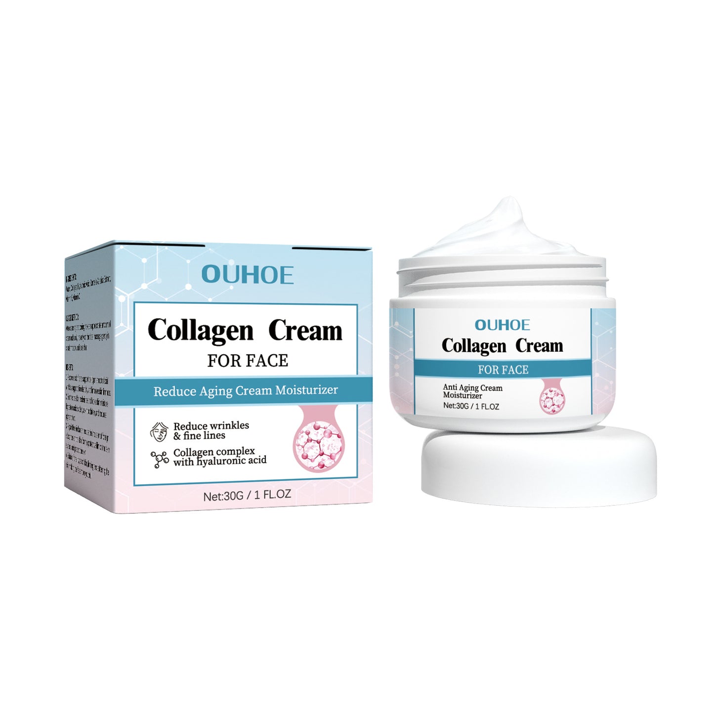 OUHOE Collagen Anti-Wrinkle Cream သည် အသားအရေကို ချောမွေ့စေပြီး အစိုဓာတ်ထိန်းပေးခြင်း၊ တင်းရင်းစေပြီး နုပျိုစေပြီး အိုမင်းရင့်ရော်မှုကို တားဆီးပေးပါသည်။