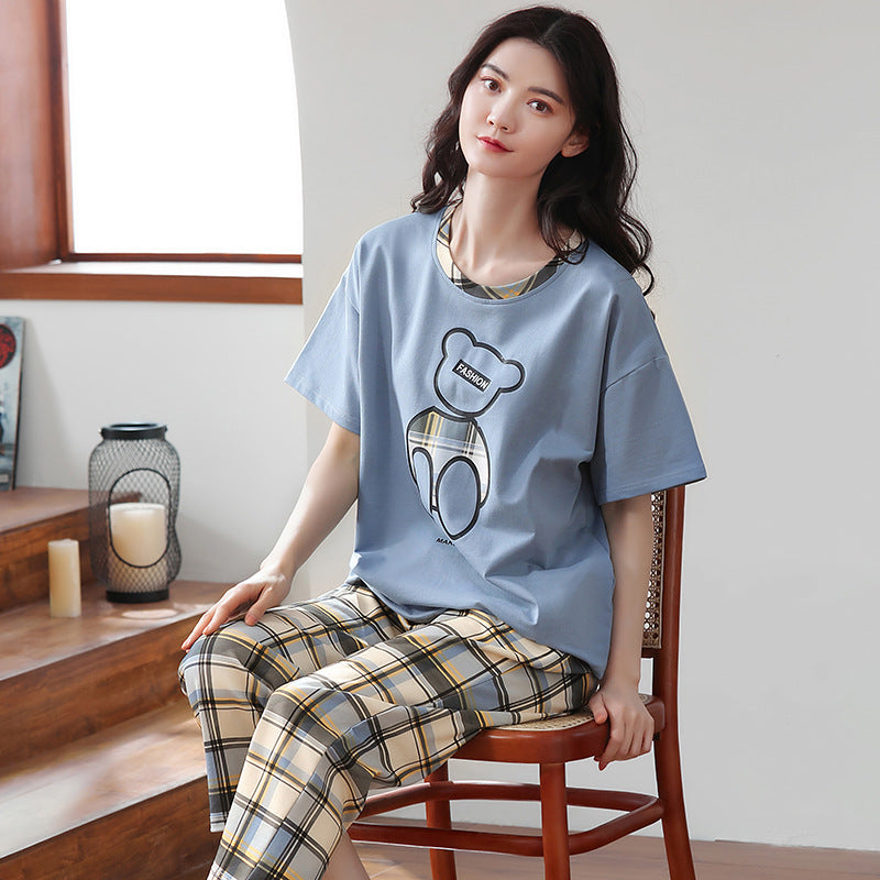 New 2023 summer pajamas women's pure cotton short-sleeved breathable sweet women's leisure can be worn outside home service suit thin