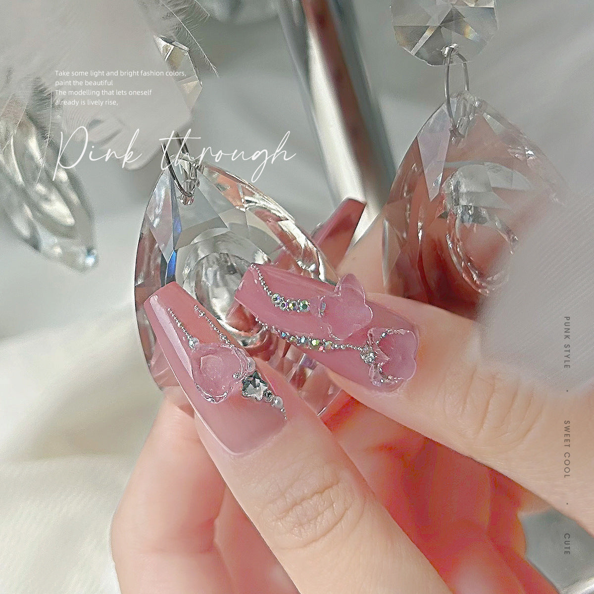Nail art jewelry diamond wholesale see-through glacier pink pointed bottom diamond sparkling octagonal rock candy love ax nail accessories