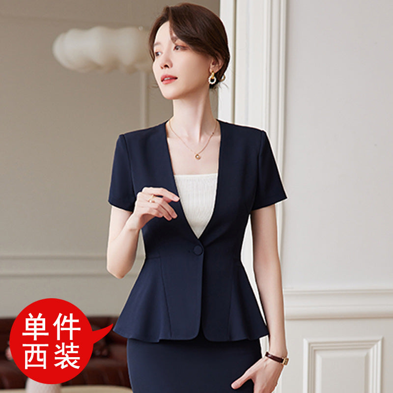 短袖职业西装套装女夏季薄款前台西服气质美容院工作服女空姐制服