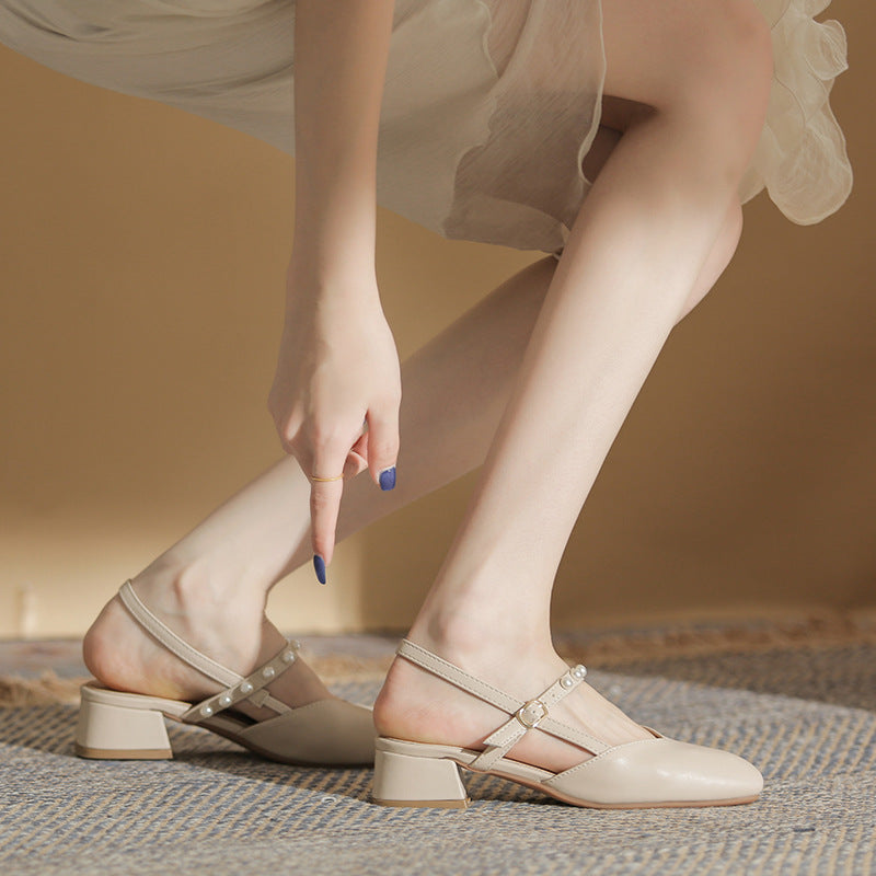 2023 new summer Baotou sandals women's chunky heel fairy style French pearl mid-heel temperament Mary Jane single shoes