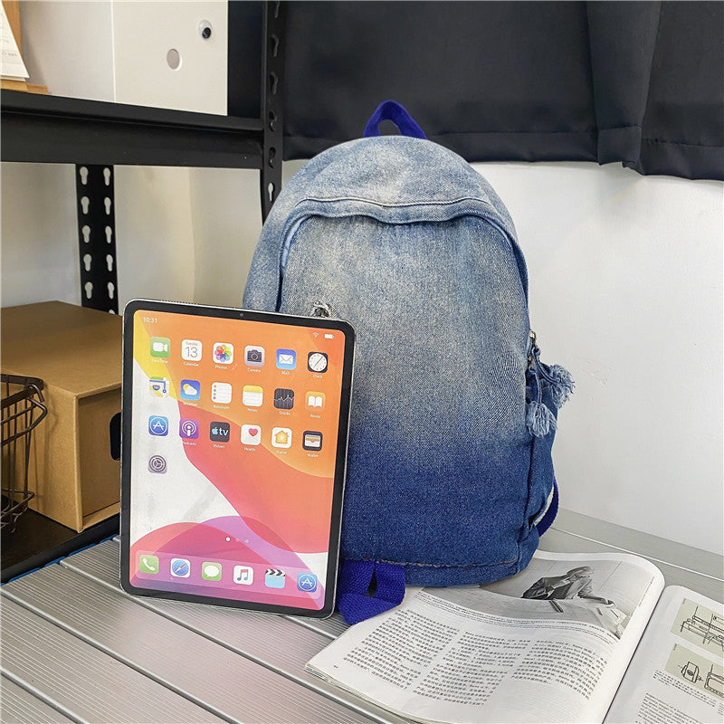 书包女2023新款大学生简约水洗牛仔帆布双肩包高中学生渐变色背包