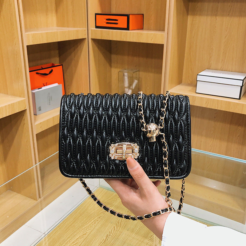 French bag 2023 Korean style pleated women's bag popular new fashion chain bag embroidery rhinestone small square bag