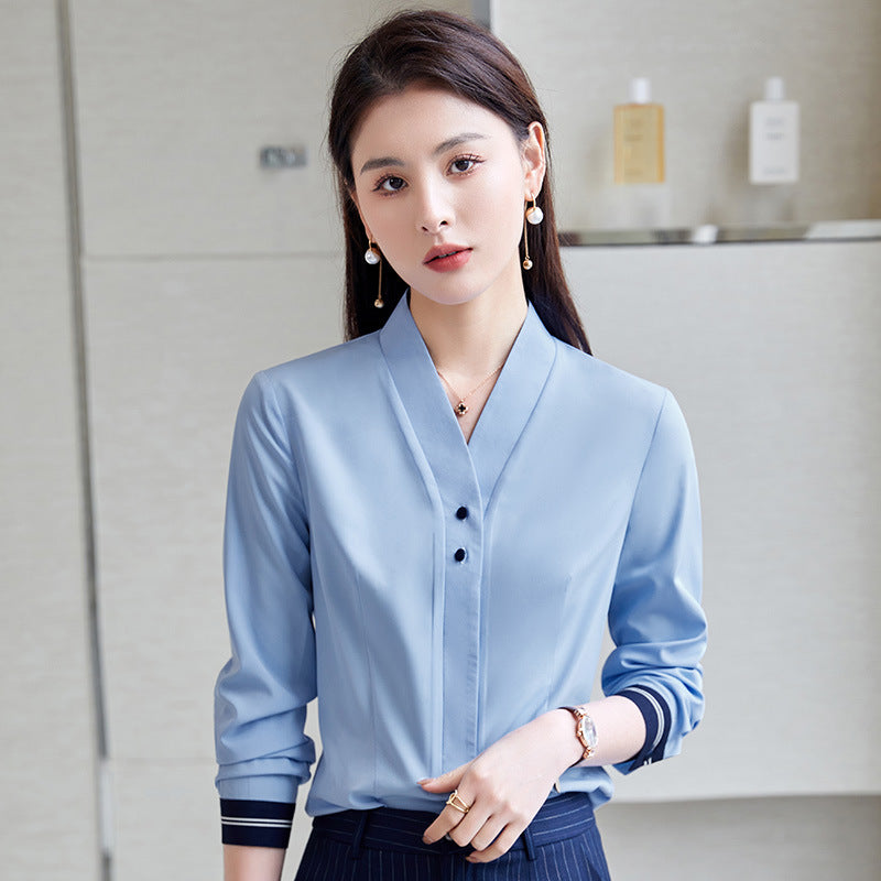 白衬衫女长袖V领打底衫2023新款正装工装工作服大码职业衬衣女ol
