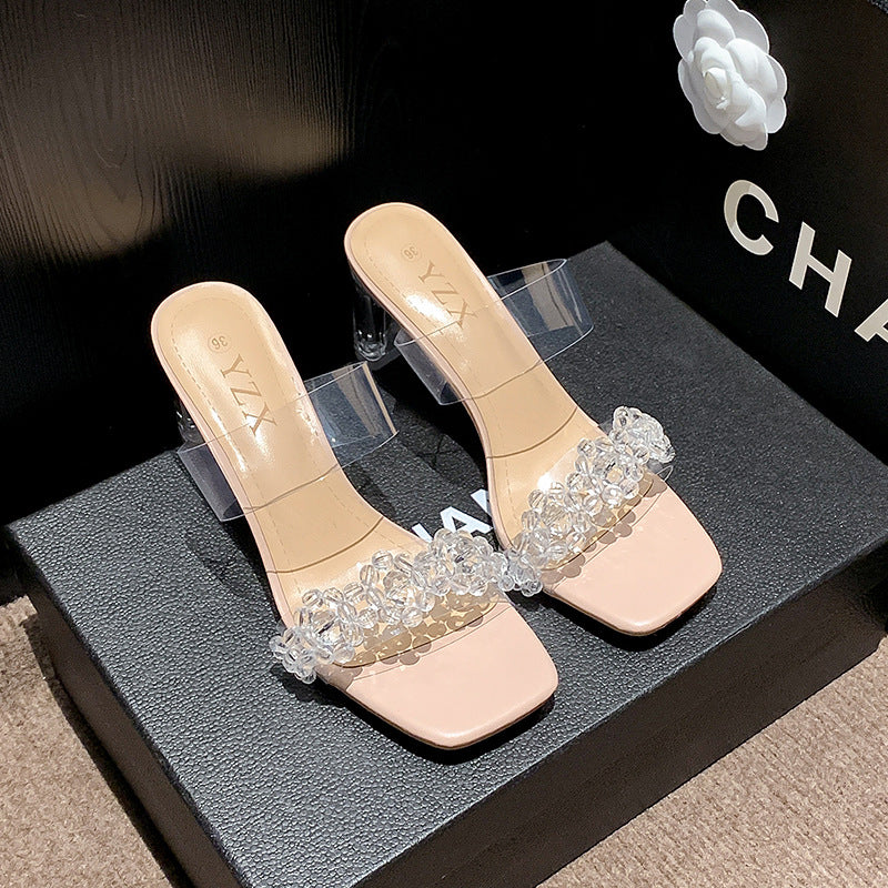 Super fairy snowflake buckle high transparent word belt 2023 summer new crystal heel sandals women's thick high-heeled outerwear slippers