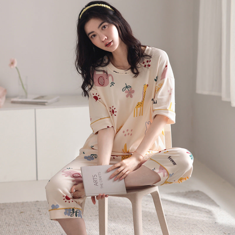 新款纯棉睡衣女夏季短袖七分裤韩版休闲夏天薄款可外穿家居服套装