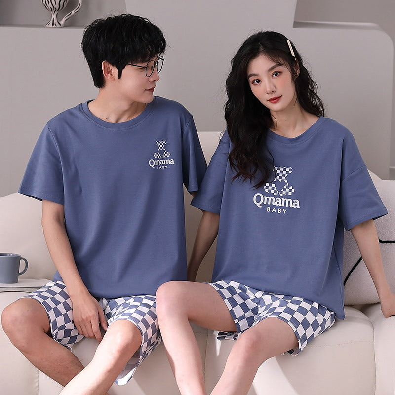 Summer short-sleeved couple pajamas women's simple high-grade cotton pullover shorts men's comfortable and wearable home service suits
