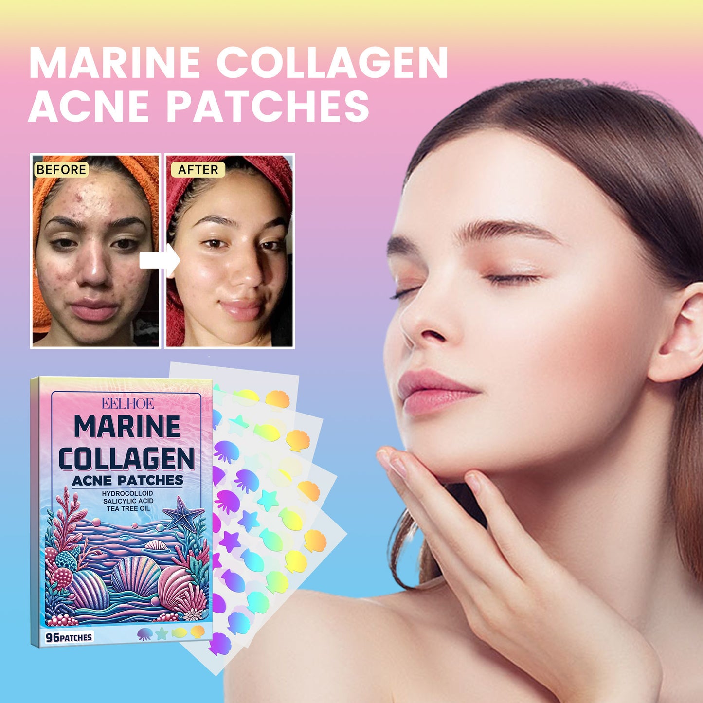 EELHOE Cute Colorful Acne Patch Cleansing Facial Acne Pimples Multi-Shape Portable Acne Patch