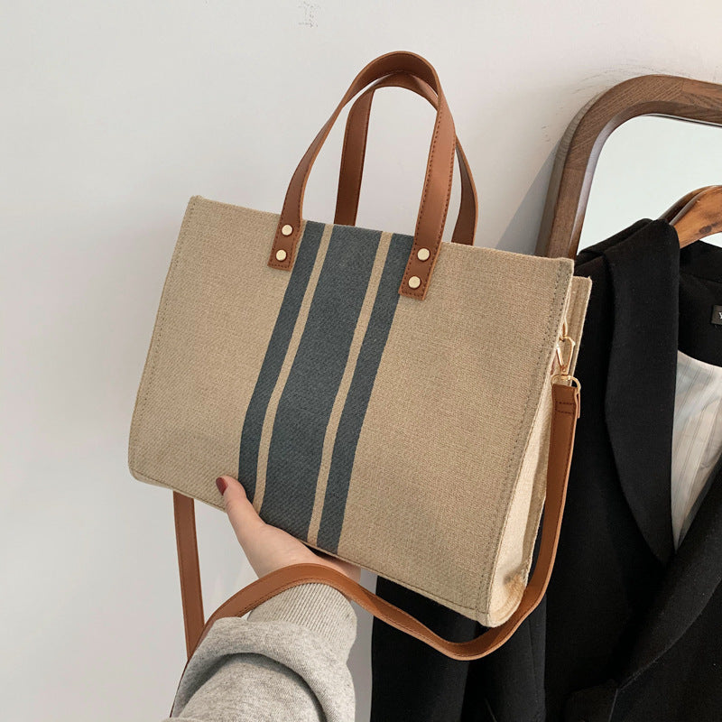 Korean style new women's portable briefcase professional commuting striped simple shoulder large bag large capacity canvas bag