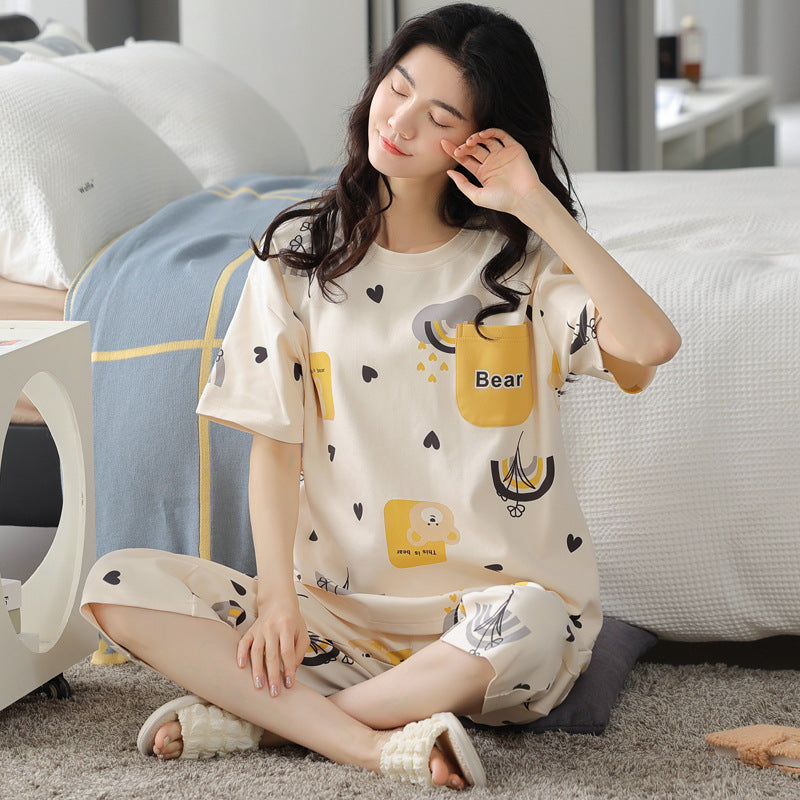 新款纯棉睡衣女夏季短袖七分裤韩版休闲夏天薄款可外穿家居服套装
