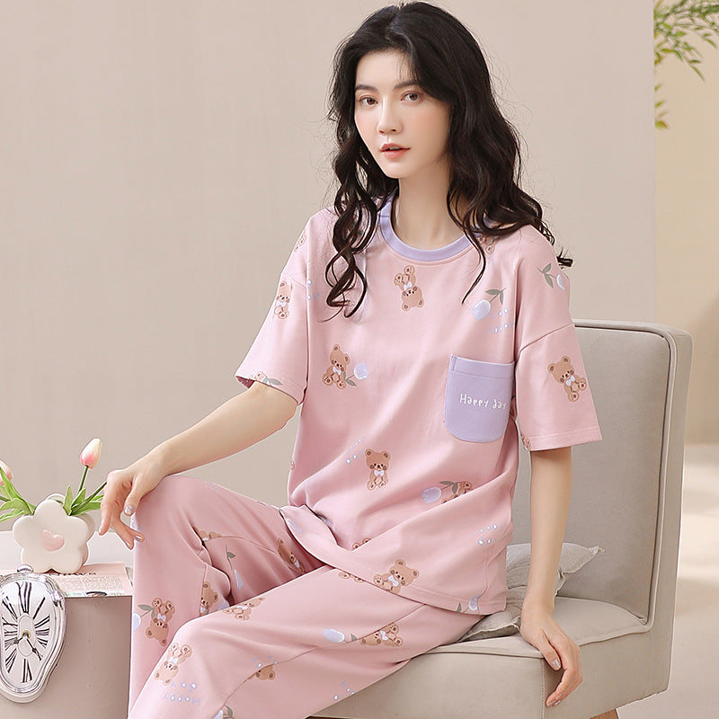 New 2023 summer pajamas women's pure cotton short-sleeved breathable sweet women's leisure can be worn outside home service suit thin