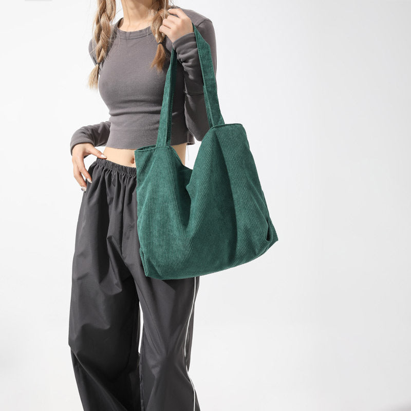 Korean fashion large-capacity shopping bag casual literary canvas handbag simple retro corduroy shoulder bag for women