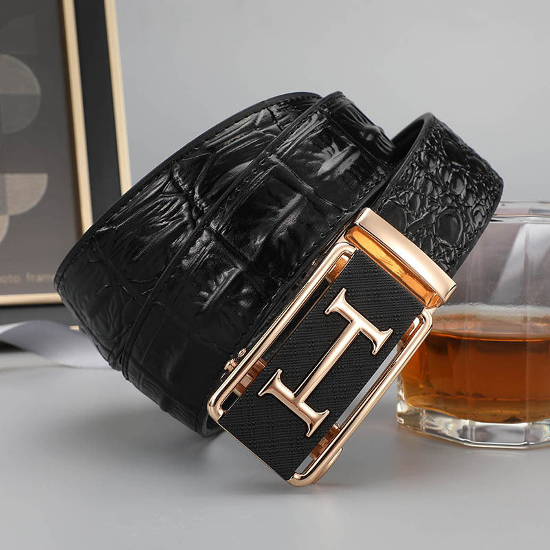 Belt men's genuine leather automatic buckle crocodile pattern business leisure belt men's young and middle-aged trendy trousers spot wholesale