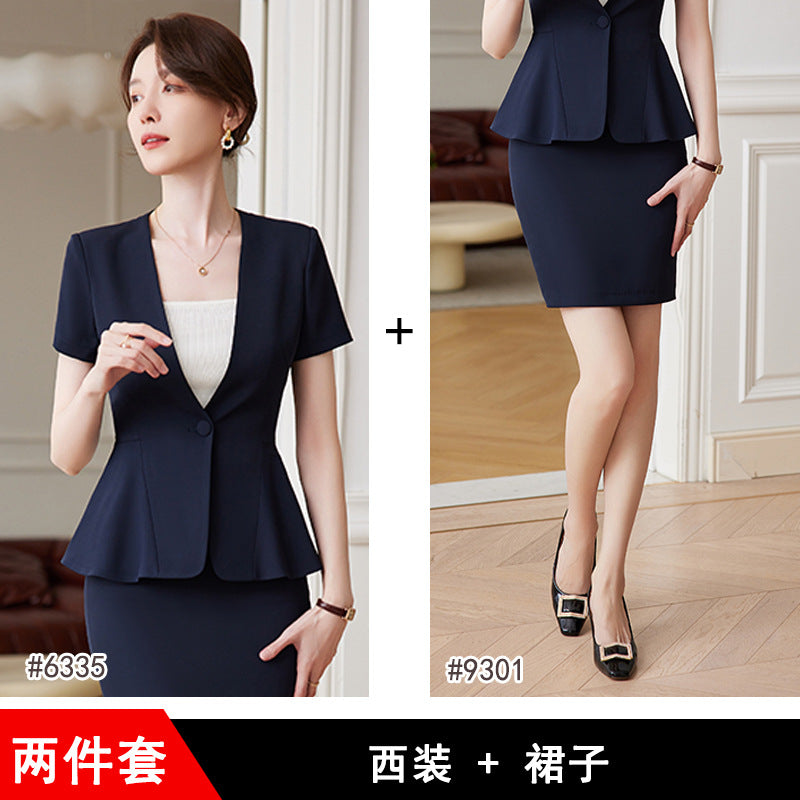 短袖职业西装套装女夏季薄款前台西服气质美容院工作服女空姐制服