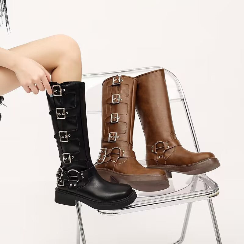 Axigo miu's leather thick-heeled Martin boots women's western cowboy boots women's retro tall belt buckle knight boots