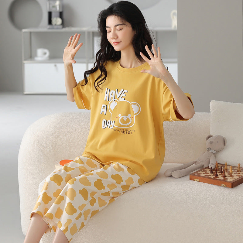 新款纯棉睡衣女夏季短袖七分裤韩版休闲夏天薄款可外穿家居服套装