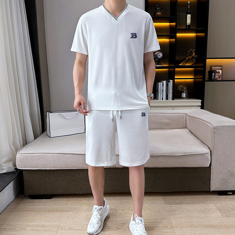 冰丝休闲运动套装男士夏季新款V领短袖t恤短裤潮牌男装搭配两件套