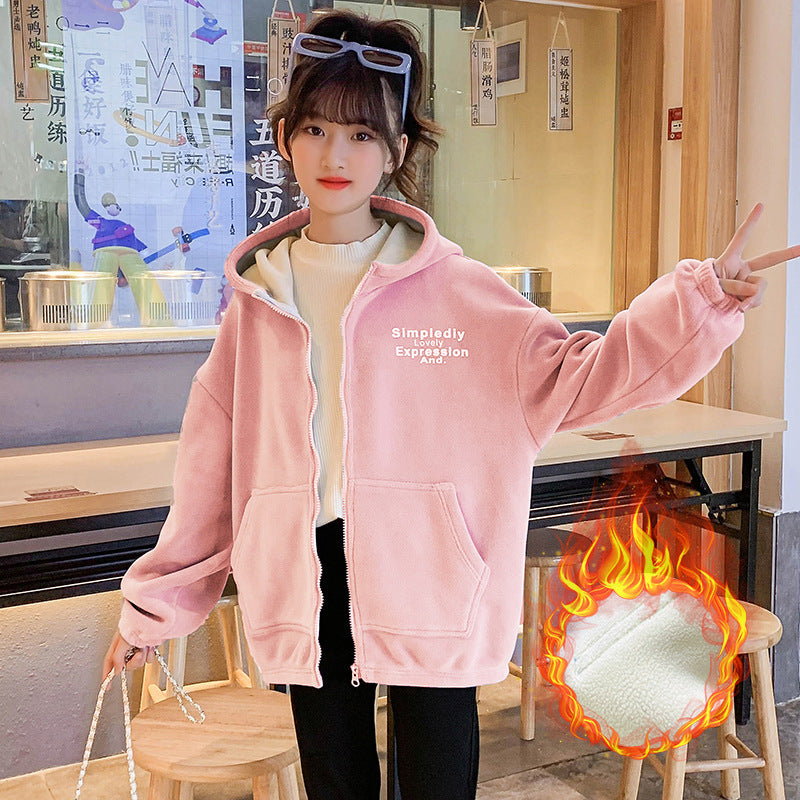 Girls winter clothes 2024 new double-sided fleece warm polar fleece thickened plush cardigan jacket hooded sports style