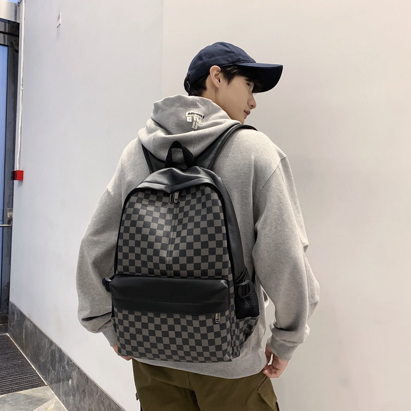 双肩包男潮牌欧美时尚格子旅行背包潮流百搭皮质男生书包电脑包女
