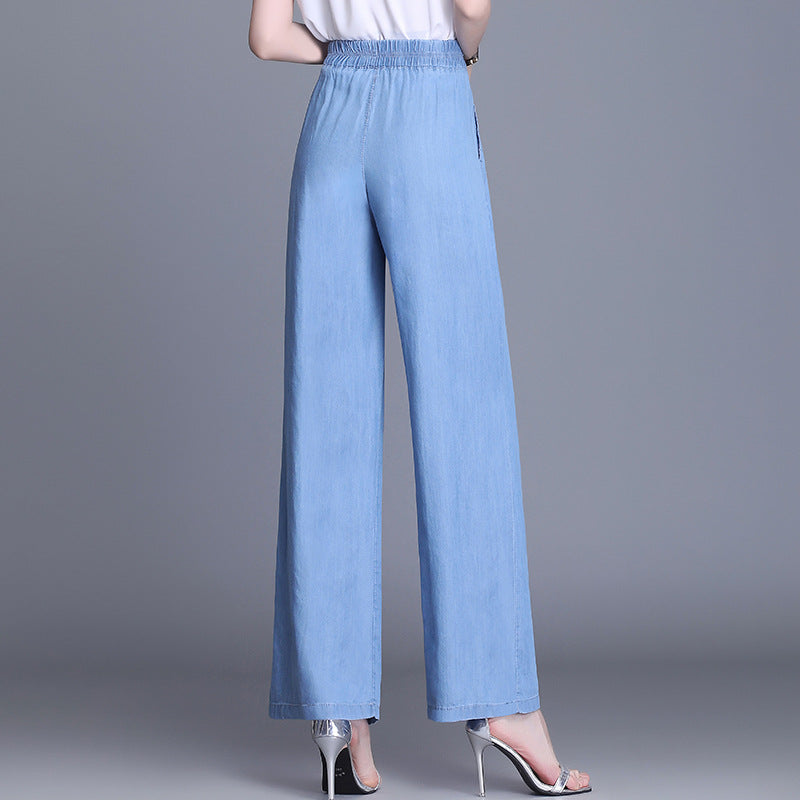 【6030】Summer New Ladies Tencel Trousers Blue High Waist Casual Wide Leg Pants Look Thin Pants