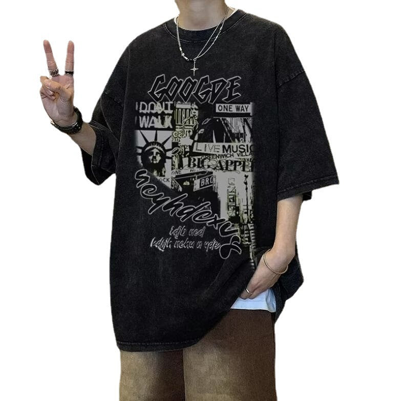 欧美高街复古水洗潮牌复古暗黑hiphop亚比风国潮ins五分短柚T侐男