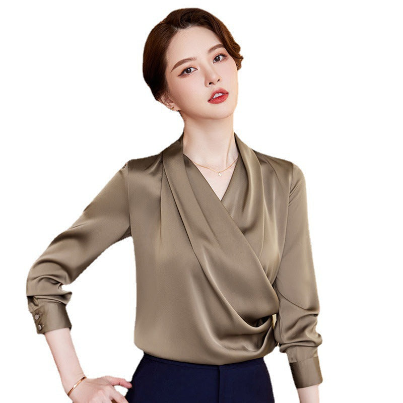 2022秋装新品长袖V领白衬衫女职业装缎面雪纺衫衬衣女上衣打底衫