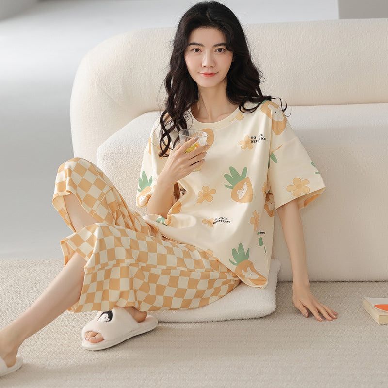 新款纯棉睡衣女夏季短袖七分裤韩版休闲夏天薄款可外穿家居服套装
