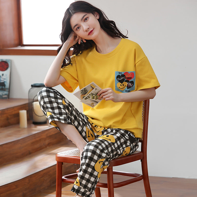 New 2023 summer pajamas women's pure cotton short-sleeved breathable sweet women's leisure can be worn outside home service suit thin