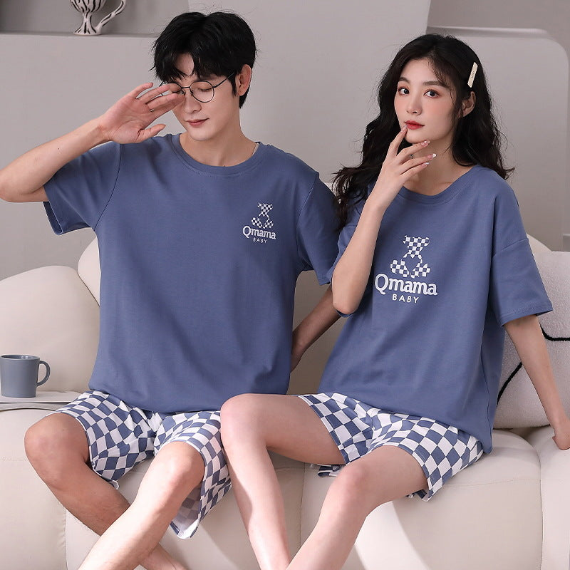 Summer short-sleeved couple pajamas women's simple high-grade cotton pullover shorts men's comfortable and wearable home service suits