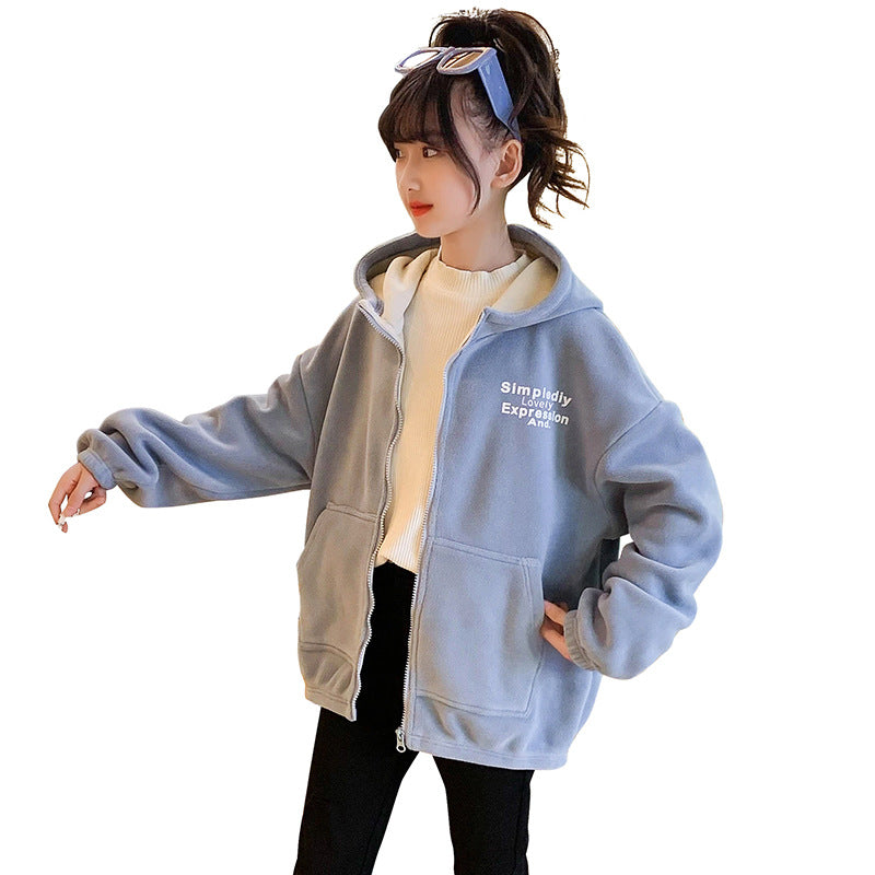 Girls winter clothes 2024 new double-sided fleece warm polar fleece thickened plush cardigan jacket hooded sports style