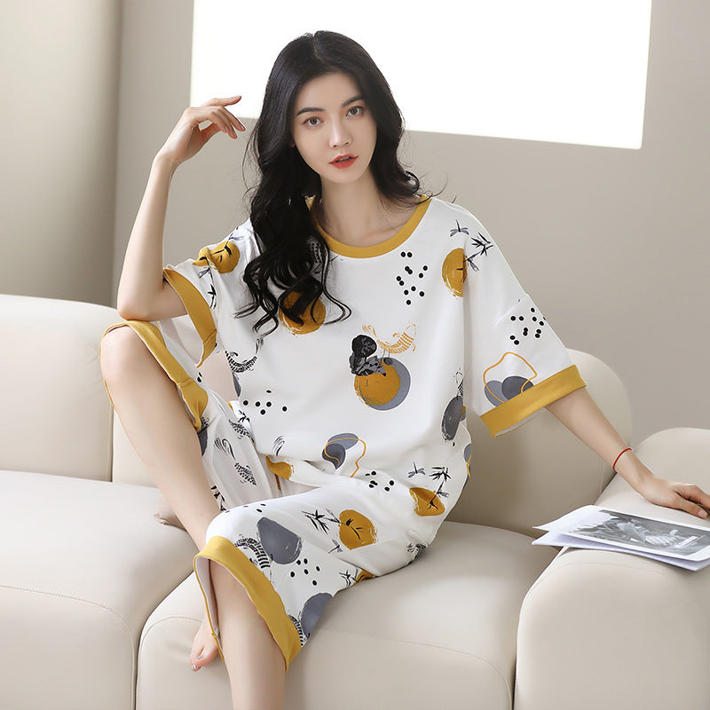 Pajamas women's summer short-sleeved cropped pants dignified and comfortable cotton large size pajamas pullover mother can wear home clothes