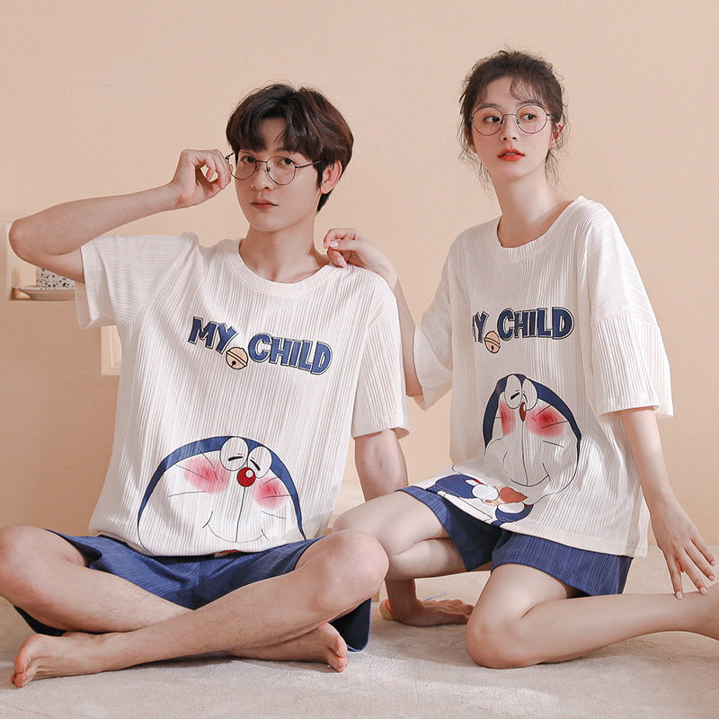 Summer couple pajamas female cute pullover short-sleeved knitted cotton casual men's shorts suit can be worn outside home clothes