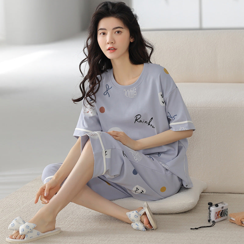 新款纯棉睡衣女夏季短袖七分裤韩版休闲夏天薄款可外穿家居服套装