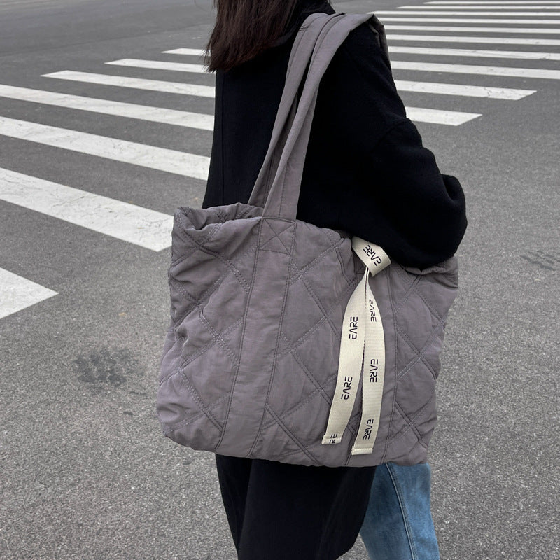 Space cotton tote bag for women 2023 new shoulder hand carry autumn and winter large bag rhombus cotton suit bag for women