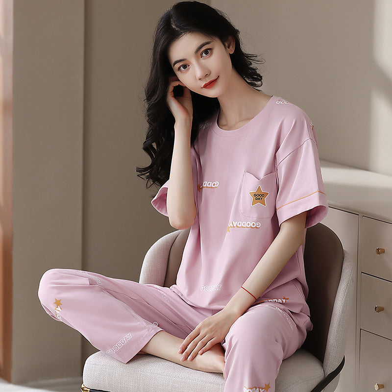 New 2023 summer pajamas women's pure cotton short-sleeved breathable sweet women's leisure can be worn outside home service suit thin